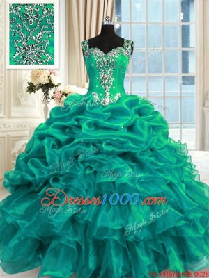 Hot Sale Floor Length Turquoise Quince Ball Gowns Organza Sleeveless Beading and Ruffles and Pick Ups