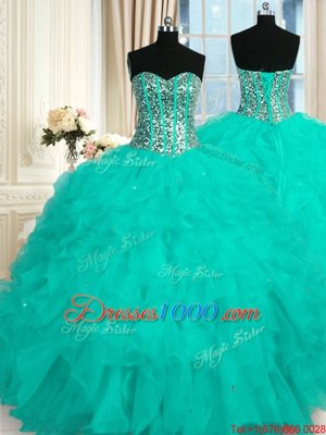 Turquoise Sleeveless Floor Length Beading and Ruffles Lace Up Quince Ball Gowns