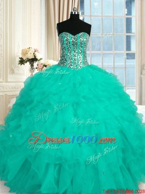 Turquoise Sleeveless Floor Length Beading and Ruffles Lace Up Quince Ball Gowns