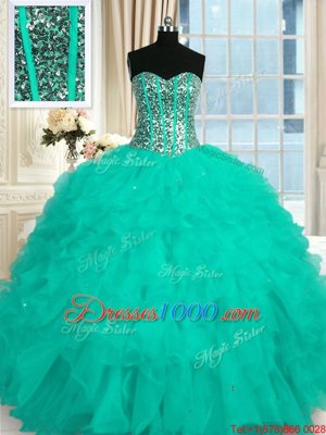 Turquoise Sleeveless Floor Length Beading and Ruffles Lace Up Quince Ball Gowns