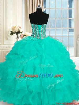 Turquoise Sleeveless Floor Length Beading and Ruffles Lace Up Quince Ball Gowns