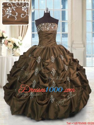 Chocolate Ball Gowns Beading and Appliques and Embroidery and Pick Ups Quinceanera Dress Lace Up Taffeta Sleeveless Floor Length