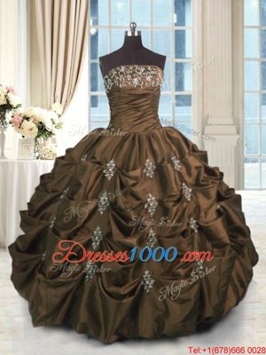 Chocolate Ball Gowns Beading and Appliques and Embroidery and Pick Ups Quinceanera Dress Lace Up Taffeta Sleeveless Floor Length