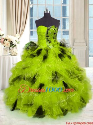Beading and Pick Ups Ball Gown Prom Dress Olive Green Lace Up Sleeveless With Train Sweep Train