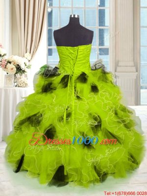 Beading and Pick Ups Ball Gown Prom Dress Olive Green Lace Up Sleeveless With Train Sweep Train