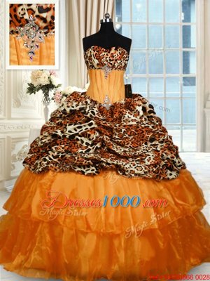 Stylish Organza and Printed Sleeveless Quince Ball Gowns Sweep Train and Beading and Ruffled Layers
