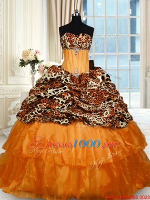 Stylish Organza and Printed Sleeveless Quince Ball Gowns Sweep Train and Beading and Ruffled Layers