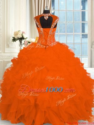Great Orange Red 15th Birthday Dress Military Ball and Sweet 16 and Quinceanera and For with Beading and Ruffles Straps Cap Sleeves Lace Up