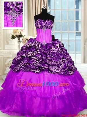 Unique Printed Sleeveless Sweep Train Beading and Ruffled Layers Lace Up 15th Birthday Dress