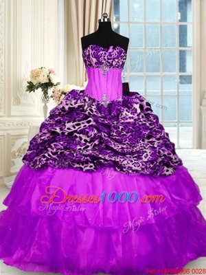 Unique Printed Sleeveless Sweep Train Beading and Ruffled Layers Lace Up 15th Birthday Dress
