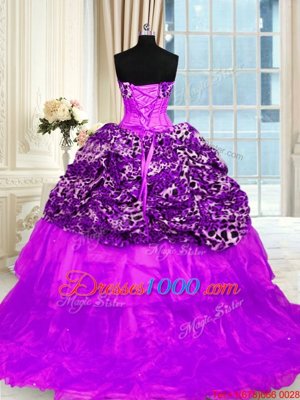 Unique Printed Sleeveless Sweep Train Beading and Ruffled Layers Lace Up 15th Birthday Dress