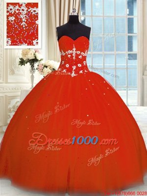 Floor Length Lace Up Quinceanera Gowns Red and In for Military Ball and Sweet 16 and Quinceanera with Appliques