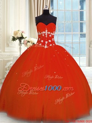 Floor Length Lace Up Quinceanera Gowns Red and In for Military Ball and Sweet 16 and Quinceanera with Appliques