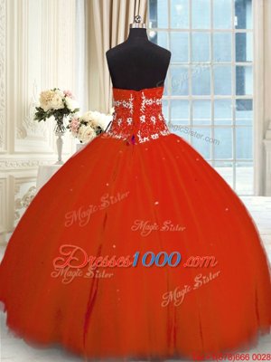 Floor Length Lace Up Quinceanera Gowns Red and In for Military Ball and Sweet 16 and Quinceanera with Appliques