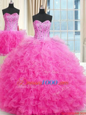 Fancy Three Piece Rose Pink Ball Gowns Beading and Ruffles 15th Birthday Dress Lace Up Tulle Sleeveless Floor Length