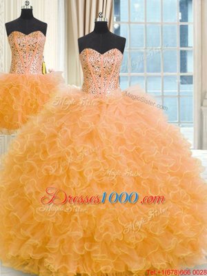 Popular Three Piece Tulle Strapless Sleeveless Lace Up Beading and Ruffles Quinceanera Gowns in Orange