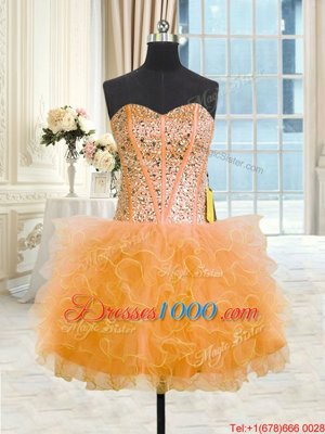Popular Three Piece Tulle Strapless Sleeveless Lace Up Beading and Ruffles Quinceanera Gowns in Orange