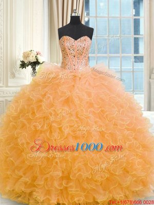 Popular Three Piece Tulle Strapless Sleeveless Lace Up Beading and Ruffles Quinceanera Gowns in Orange