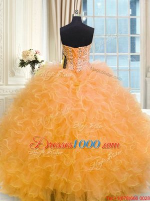 Popular Three Piece Tulle Strapless Sleeveless Lace Up Beading and Ruffles Quinceanera Gowns in Orange