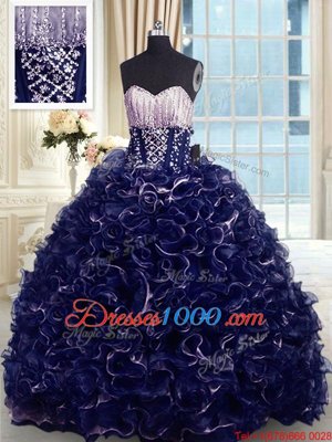 Romantic Brush Train Ball Gowns Vestidos de Quinceanera Navy Blue Sweetheart Organza Sleeveless With Train Lace Up