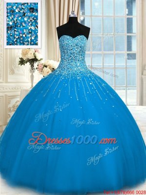 Beautiful Teal Ball Gowns Tulle Sweetheart Sleeveless Beading and Ruffles Floor Length Lace Up Vestidos de Quinceanera