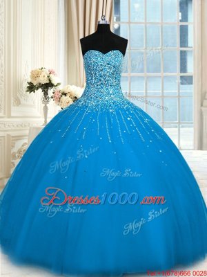 Beautiful Teal Ball Gowns Tulle Sweetheart Sleeveless Beading and Ruffles Floor Length Lace Up Vestidos de Quinceanera