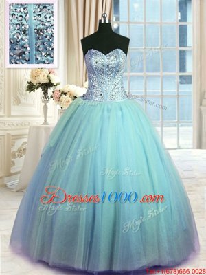 Fitting Three Piece Blue Tulle Lace Up Sweetheart Sleeveless Floor Length 15th Birthday Dress Beading