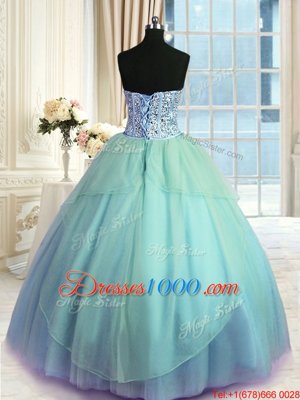 Fitting Three Piece Blue Tulle Lace Up Sweetheart Sleeveless Floor Length 15th Birthday Dress Beading
