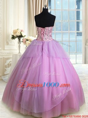 Customized Three Piece Lilac Sleeveless Floor Length Beading Lace Up Vestidos de Quinceanera