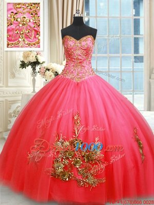 Ball Gowns Sweet 16 Quinceanera Dress Coral Red Sweetheart Tulle Sleeveless Floor Length Lace Up