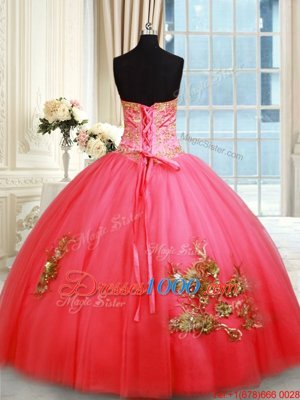 Ball Gowns Sweet 16 Quinceanera Dress Coral Red Sweetheart Tulle Sleeveless Floor Length Lace Up