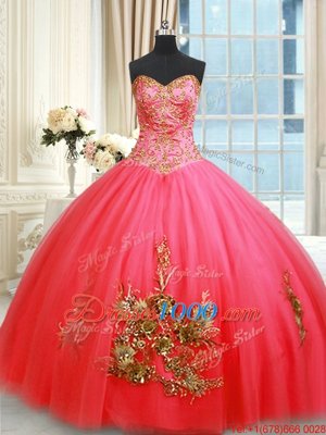 Ball Gowns Sweet 16 Quinceanera Dress Coral Red Sweetheart Tulle Sleeveless Floor Length Lace Up