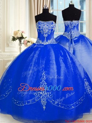 Wonderful Royal Blue Ball Gowns Beading and Embroidery Vestidos de Quinceanera Lace Up Organza Sleeveless Floor Length