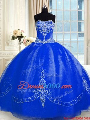 Wonderful Royal Blue Ball Gowns Beading and Embroidery Vestidos de Quinceanera Lace Up Organza Sleeveless Floor Length