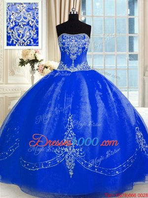 Wonderful Royal Blue Ball Gowns Beading and Embroidery Vestidos de Quinceanera Lace Up Organza Sleeveless Floor Length