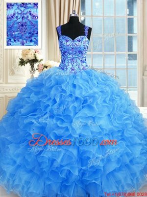 Sweetheart Sleeveless Organza Quince Ball Gowns Beading and Embroidery and Ruffles Lace Up