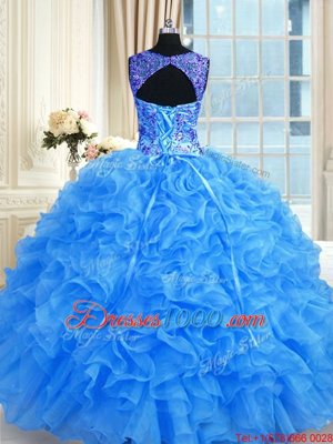 Sweetheart Sleeveless Organza Quince Ball Gowns Beading and Embroidery and Ruffles Lace Up