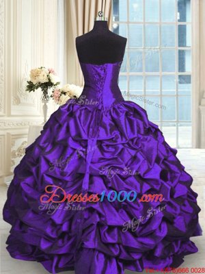 Purple Sleeveless Floor Length Beading and Lace and Appliques and Ruching and Pick Ups Lace Up Quince Ball Gowns