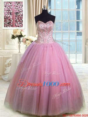 Rose Pink Organza Lace Up Quinceanera Gowns Sleeveless Floor Length Beading and Ruching