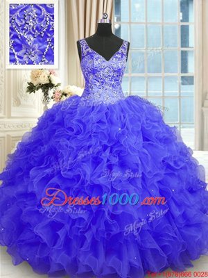 Floor Length Purple Sweet 16 Dresses V-neck Sleeveless Zipper