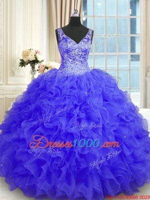 Fashion V-neck Neckline Beading and Ruffles Quinceanera Dress Sleeveless Zipper