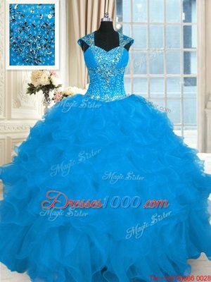 Aqua Blue Ball Gowns Straps Cap Sleeves Organza Floor Length Lace Up Beading and Ruffles Ball Gown Prom Dress