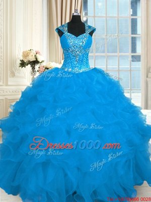 Aqua Blue Ball Gowns Straps Cap Sleeves Organza Floor Length Lace Up Beading and Ruffles Ball Gown Prom Dress