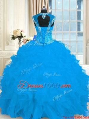 Aqua Blue Ball Gowns Straps Cap Sleeves Organza Floor Length Lace Up Beading and Ruffles Ball Gown Prom Dress