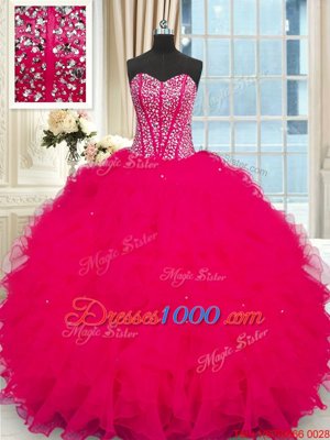 Suitable Coral Red Sleeveless Beading and Ruffles Floor Length 15th Birthday Dress
