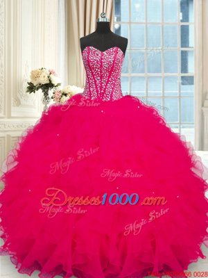 Suitable Coral Red Sleeveless Beading and Ruffles Floor Length 15th Birthday Dress