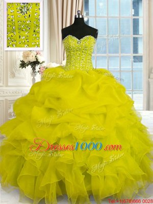 Floor Length Lace Up 15th Birthday Dress Yellow and In for Military Ball and Sweet 16 and Quinceanera with Beading and Ruffles