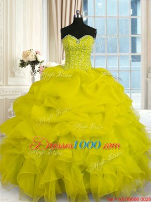 Floor Length Lace Up 15th Birthday Dress Yellow and In for Military Ball and Sweet 16 and Quinceanera with Beading and Ruffles