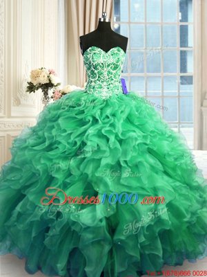 Eye-catching Turquoise Sweetheart Lace Up Beading and Ruffles Quinceanera Gown Sleeveless