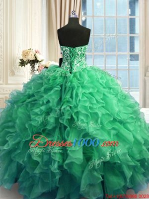 Eye-catching Turquoise Sweetheart Lace Up Beading and Ruffles Quinceanera Gown Sleeveless